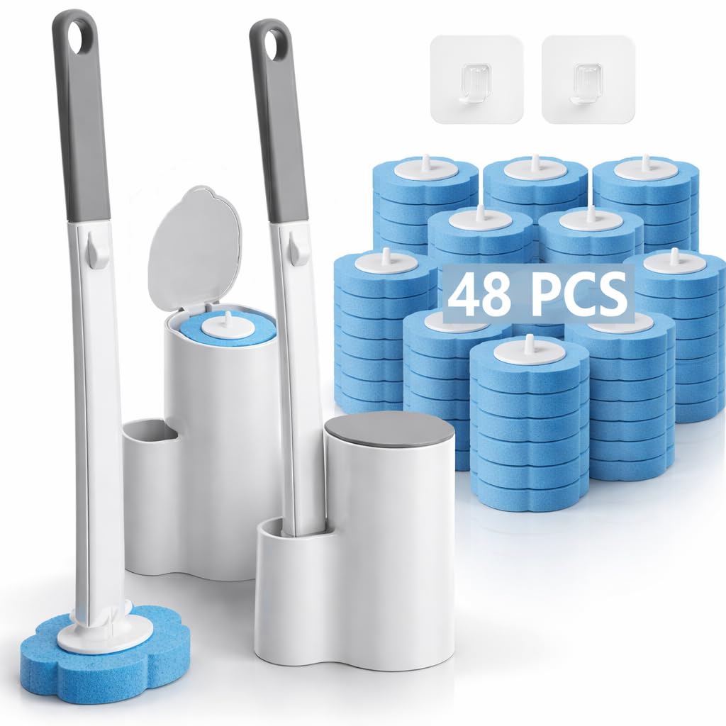 Divine Source 2 Pack Disposable Toilet Brush with Holder, 48 Refills