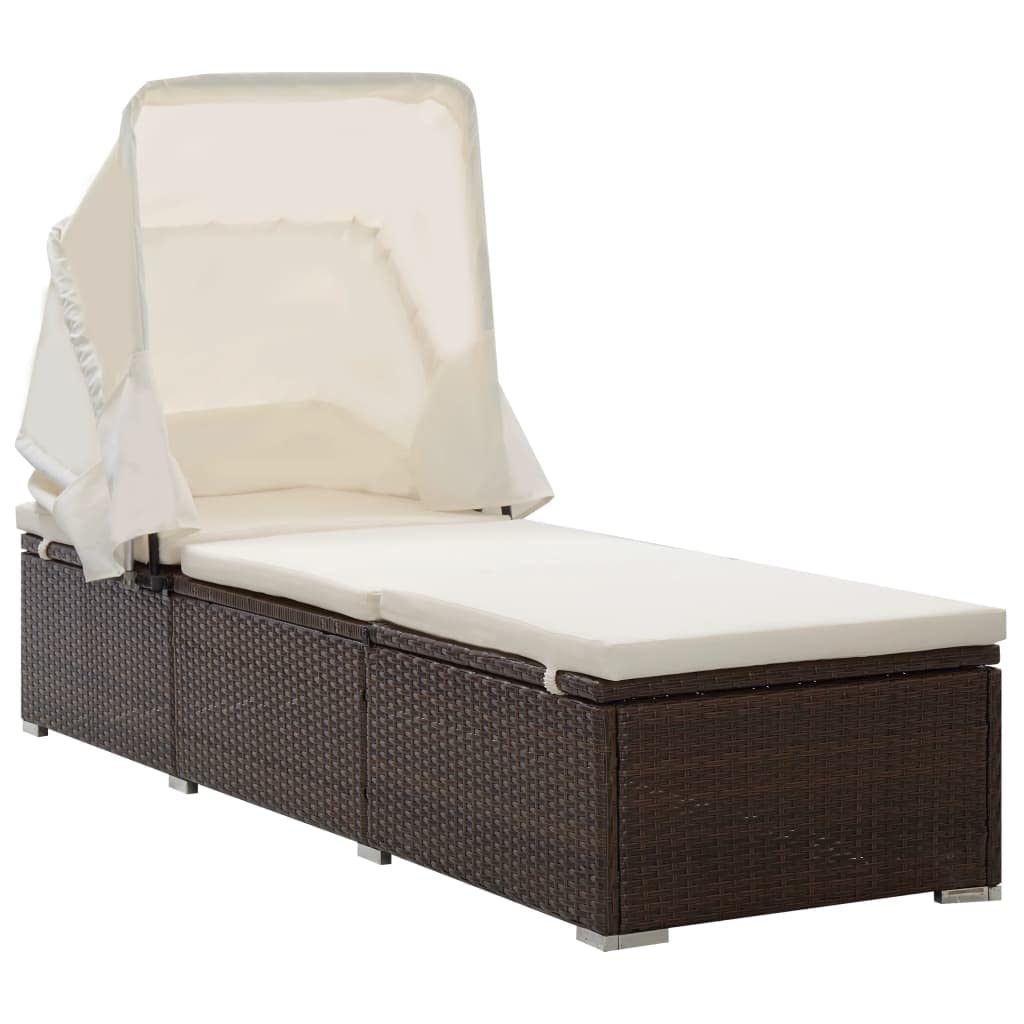 vidaXL Adjustable Sun Lounger with Canopy, Cushion - Weather Resistant, Poly Rattan Brown Design, Powder-Coated Steel Frame, Ideal for Poolside, Patio, Balcony, or Camping use.