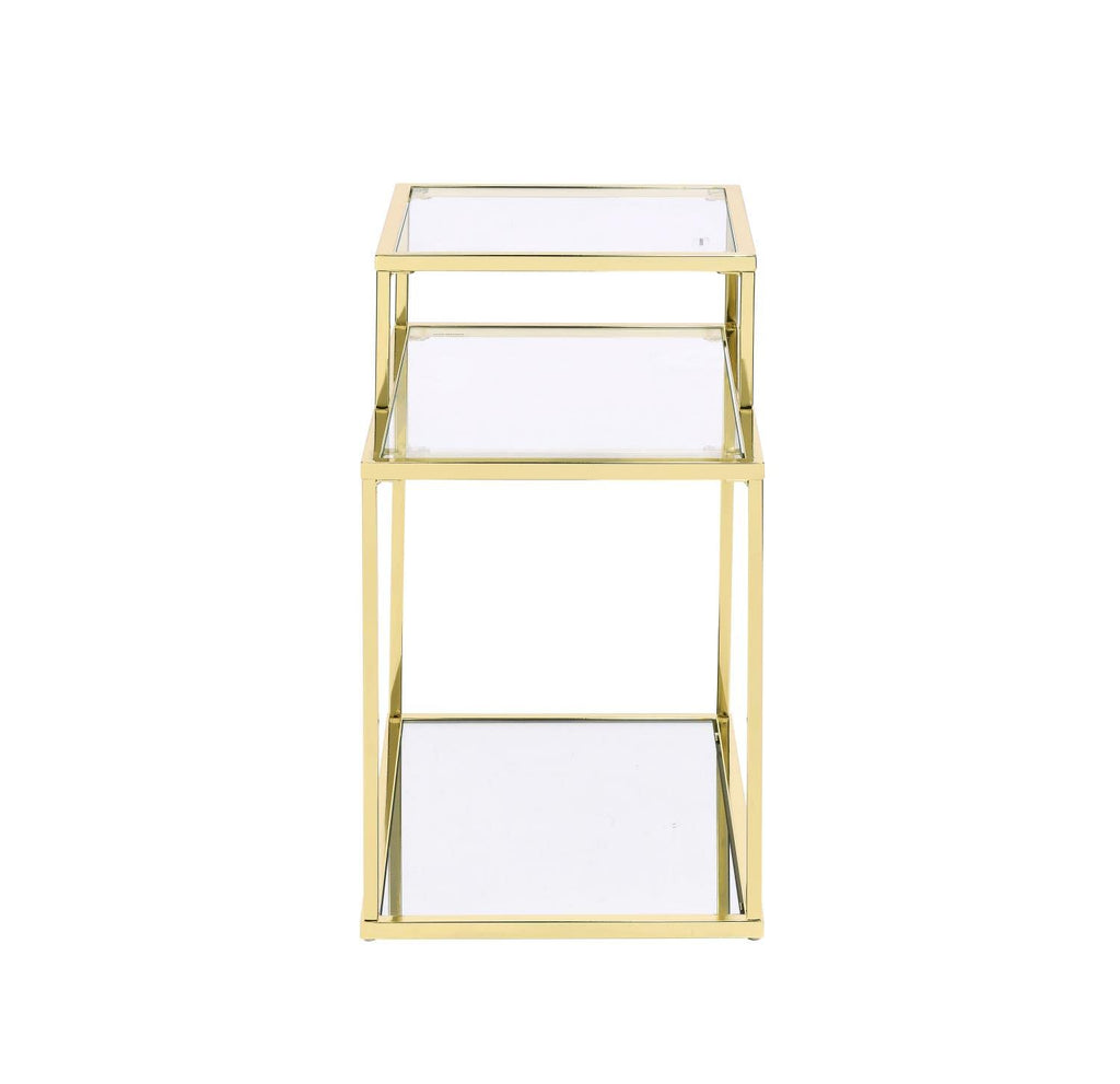 Acme Uchenna Glass Side Table with 2 Open Storage Compartments in Clear and Gold