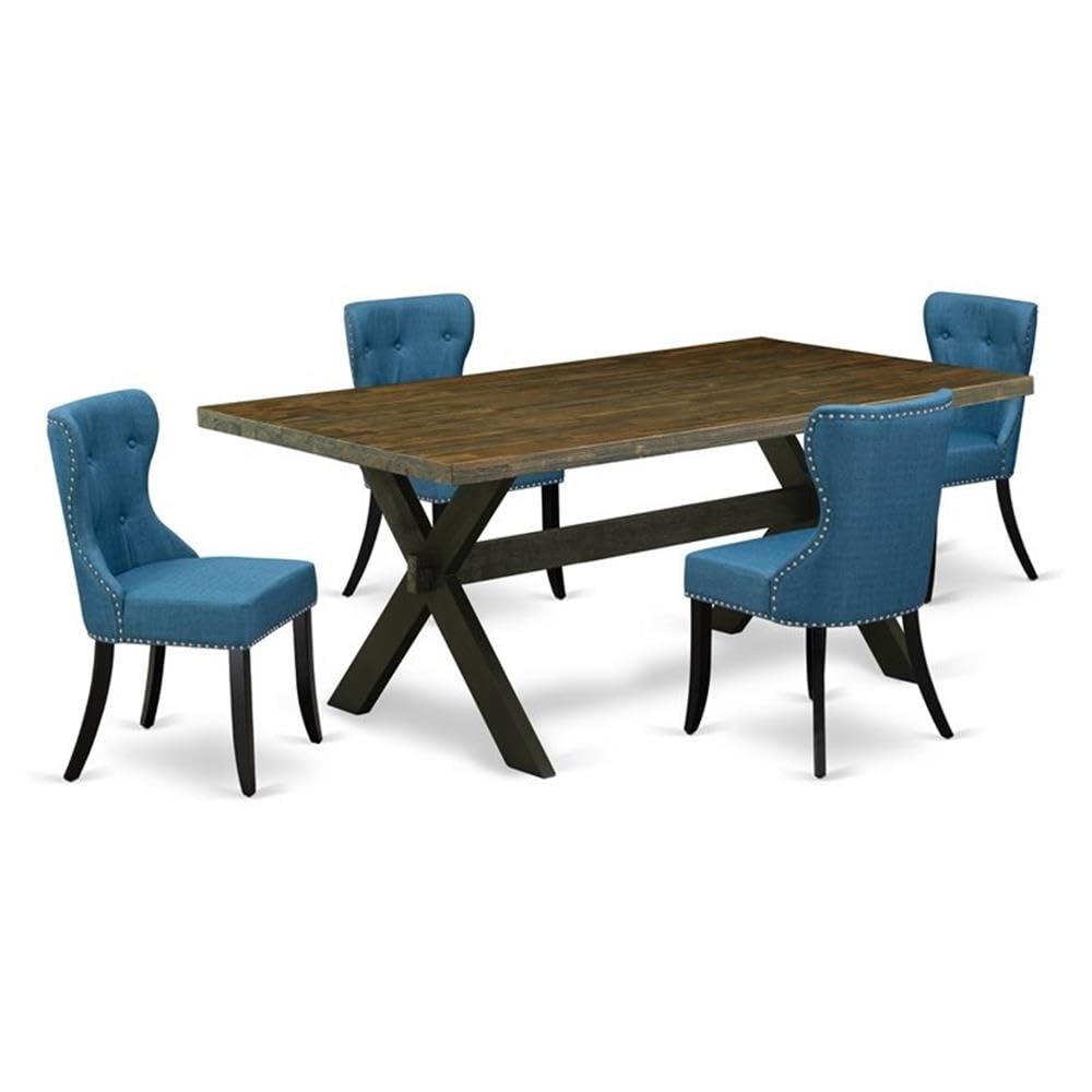 East West Furniture X677Si121-5 5 Piece Dining Table Set For 4 Includes A Rectangle Kitchen Table With X-Legs And 4 Blue Linen Fabric Parson Dining Chairs, 40X72 Inch, Multi-Color