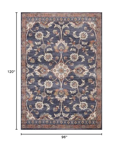 HomeRoots 532157 8 x 10 ft. Navy Blue Floral Traditional Power Loomed Rectangle Area Rug with Fringe
