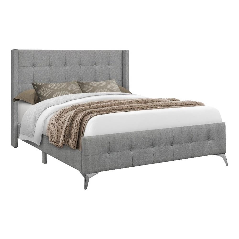 Monarch Specialties I 6040Q Bed, Frame, Platform, Bedroom, Queen Size, Upholstered, Linen Look Fabric, Metal Legs, Grey, Chrome, Contemporary, Modern