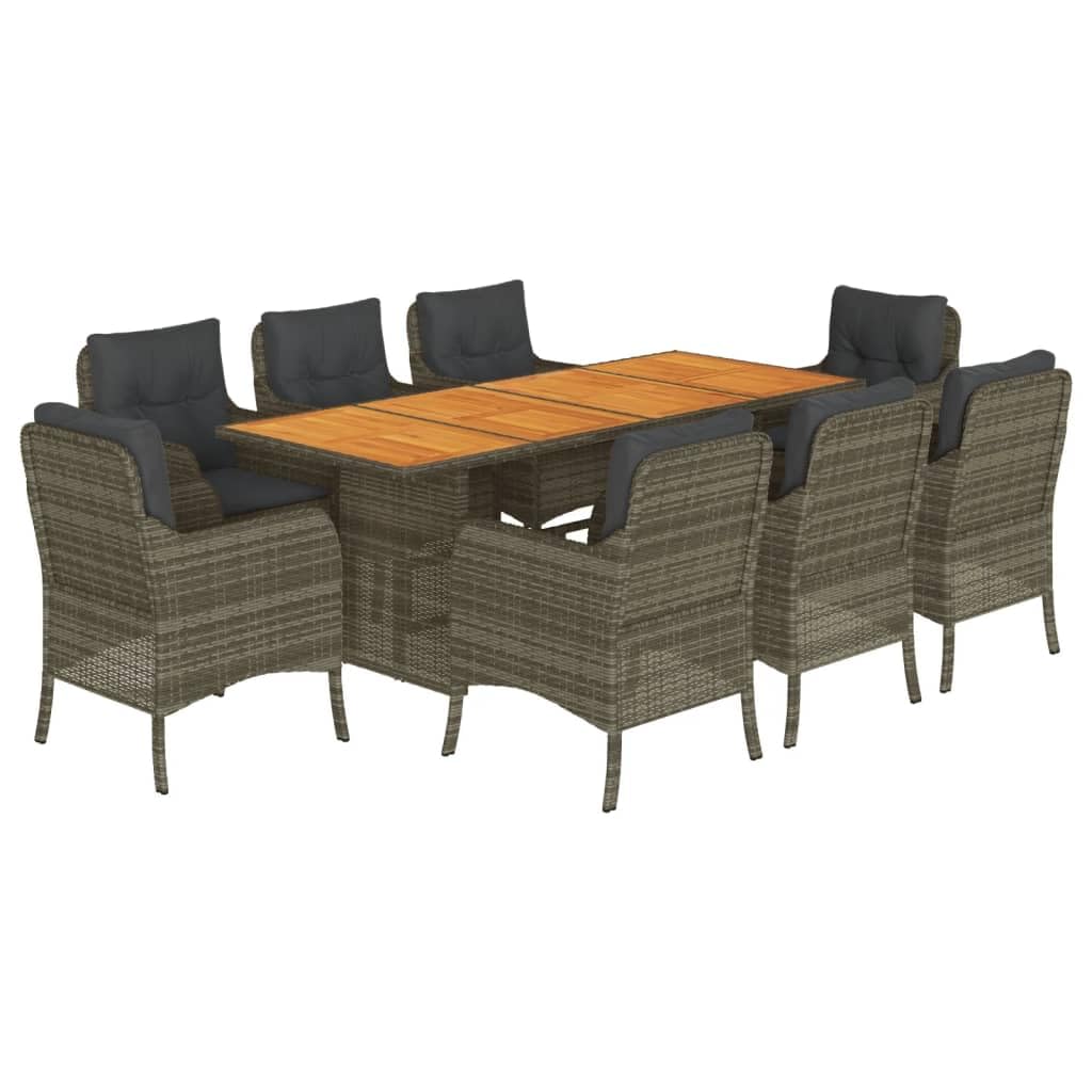 vidaXL 9-Piece Patio Dining Set - Gray Poly Rattan with Acacia Wood Table, Cushioned Chairs for Outdoor, Garden, Deck, Backyard, and Patio Use