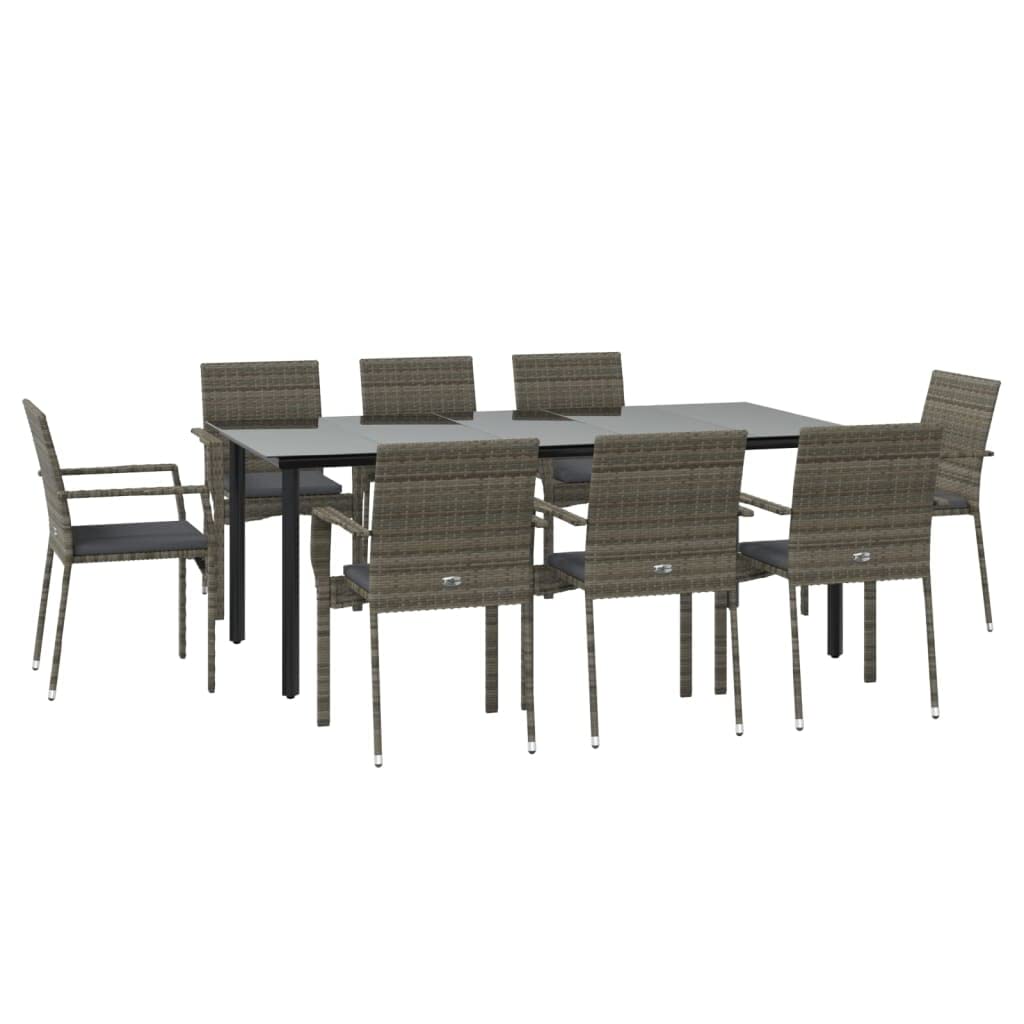 vidaXL 9-Piece Outdoor Dining Set, Modern Patio Furniture with Tempered Glass Tabletop, Black and Gray Poly Rattan Garden Chairs with Dark Gray Cushions