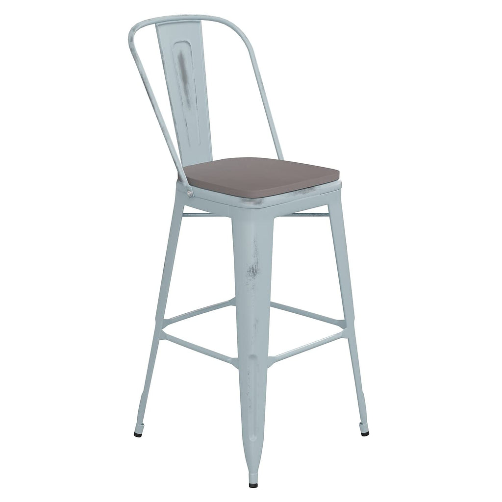 Flash Furniture Carly Commercial Grade 30&Quot; High Green-Blue Metal Indoor-Outdoor Bar Height Stool With Back And Gray Polystyrene Seat