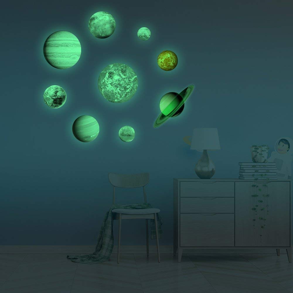 LiveGallery Glow in The Dark Planet Wall Stickers - PVC - Green - Set of 9