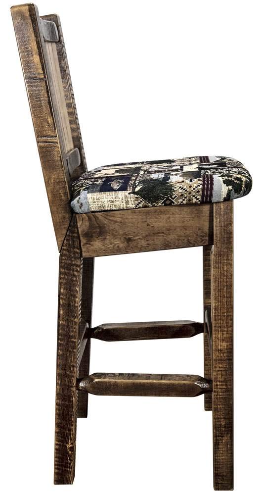 Montana Woodworks Homestead Collection Counter Height Barstool with Upholstered Seat, Woodland Pattern, Laser Engraved Elk Design, Stained & Lacquered