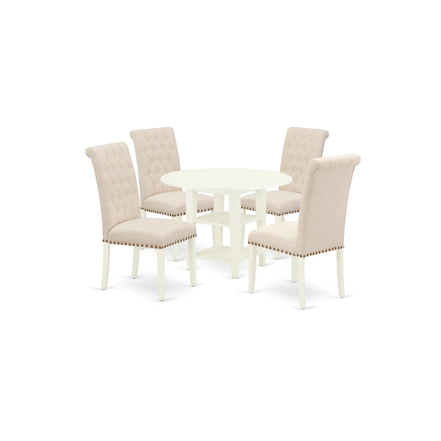 East West Furniture Subr5-Lwh-02 5 Piece Dining Room Table Set Includes A Round Kitchen Table With Dropleaf & Shelves And 4 Light Beige Linen Fabric Parson Chairs, 42X42 Inch, Linen White