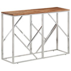 vidaXL Silver Stainless Steel & Acacia Wood Console Table - Modern Sofa/Hallway/Lounge Table for Living Room, Entryway Furniture 43.3x11.8x27.6