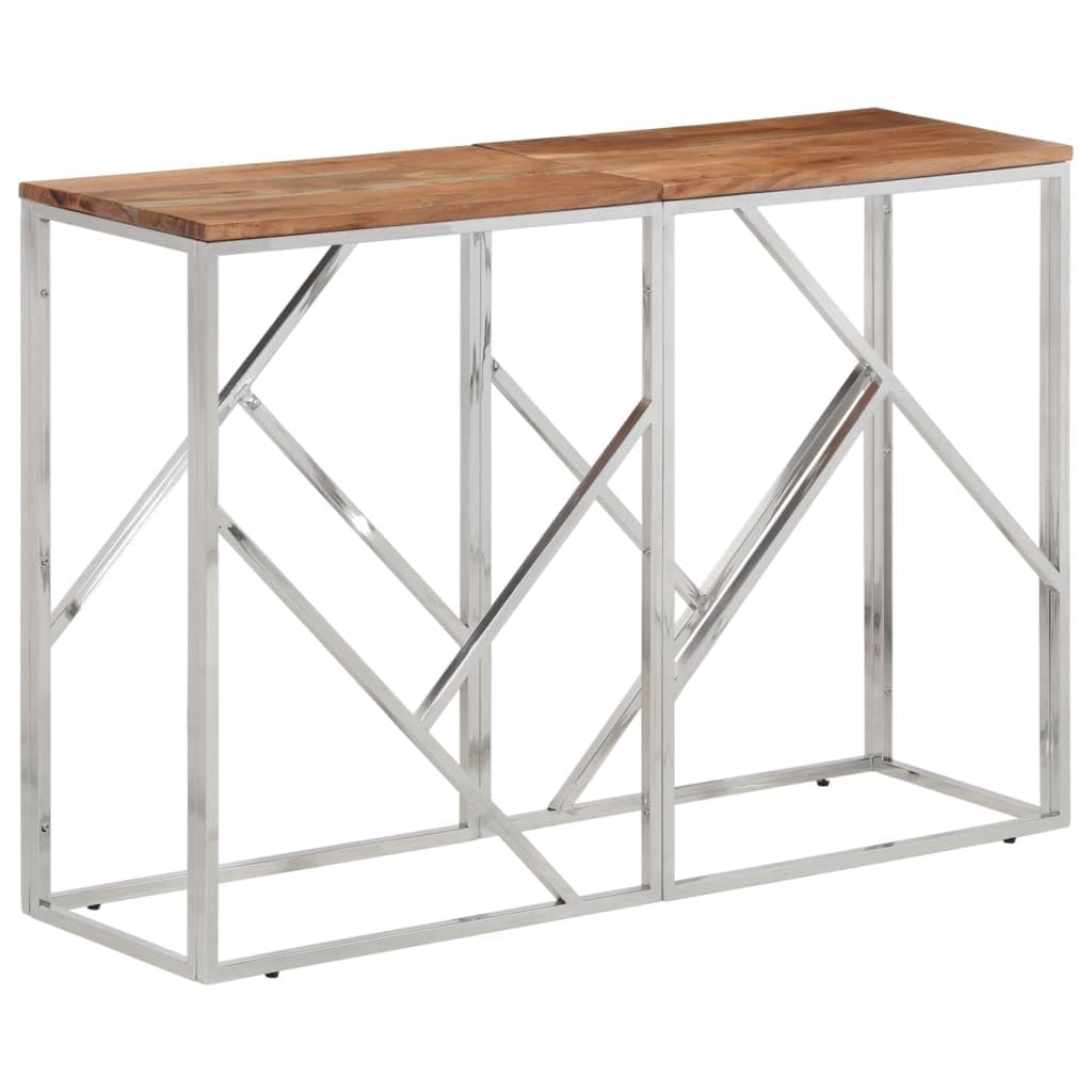 vidaXL Silver Stainless Steel & Acacia Wood Console Table - Modern Sofa/Hallway/Lounge Table for Living Room, Entryway Furniture 43.3x11.8x27.6