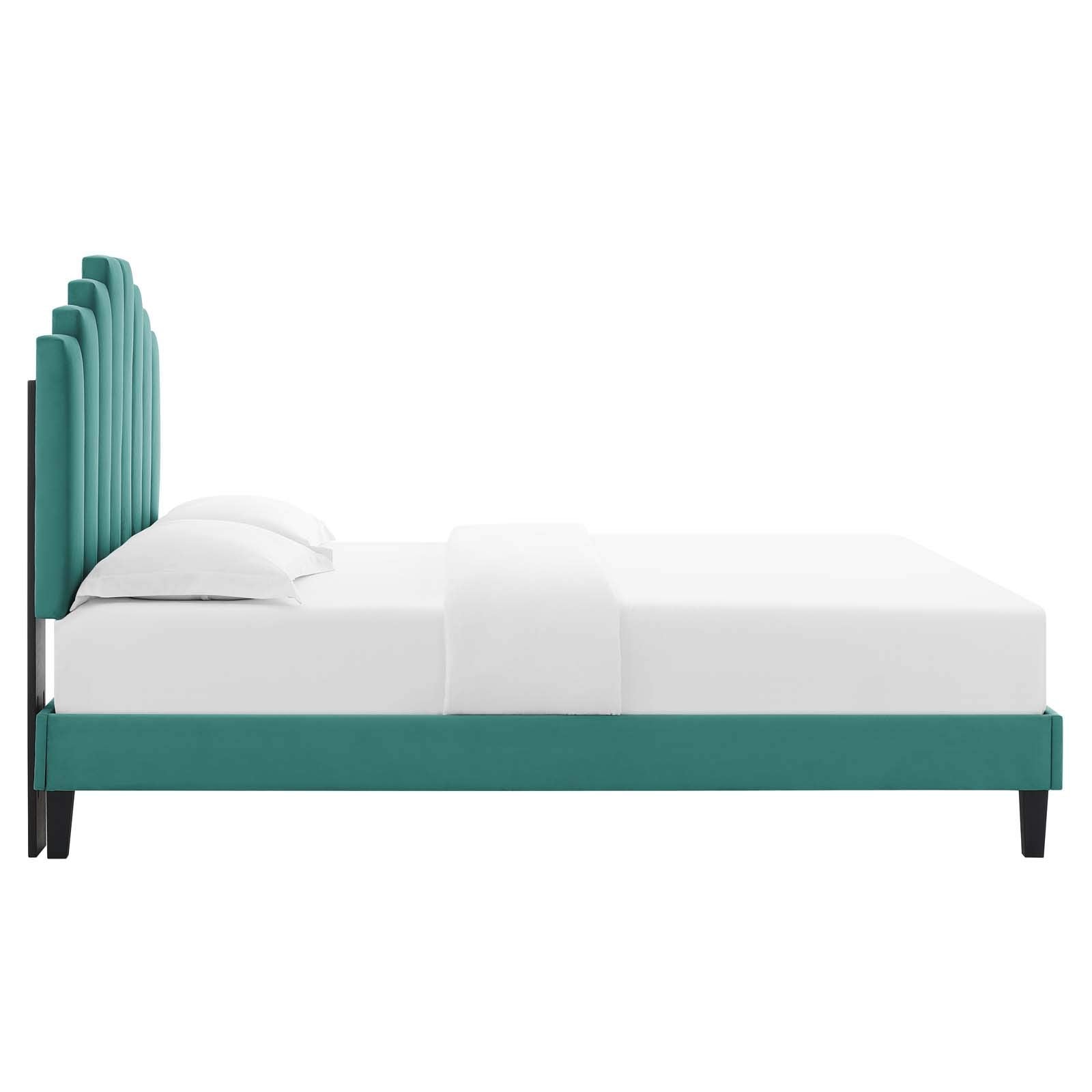 Modway Elise Channel Tufted Performance Velvet Full Platform Bed In White With Black Wood Legs, King, Teal