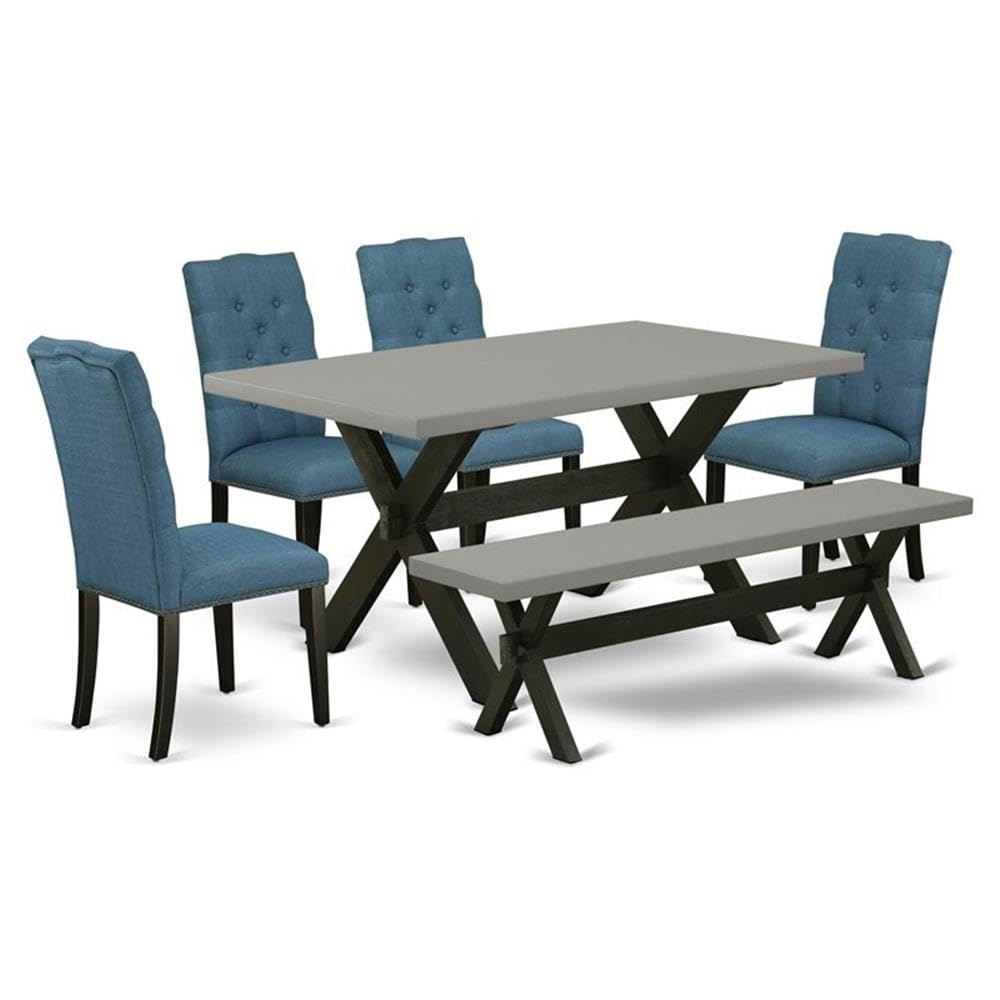 East West Furniture X696El121-6 6 Piece Kitchen Table & Chairs Set Contains A Rectangle Wooden Table And 4 Blue Linen Fabric Parson Chairs With A Bench, 36X60 Inch, Multi-Color