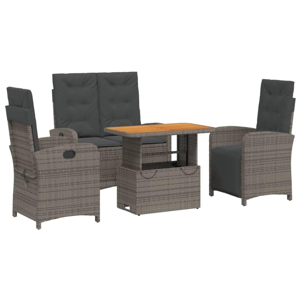 vidaXL 4-Piece Patio Dining Set - Adjustable Cushioned Gray Poly Rattan Furniture for Outdoor/Garden/Backyard Use