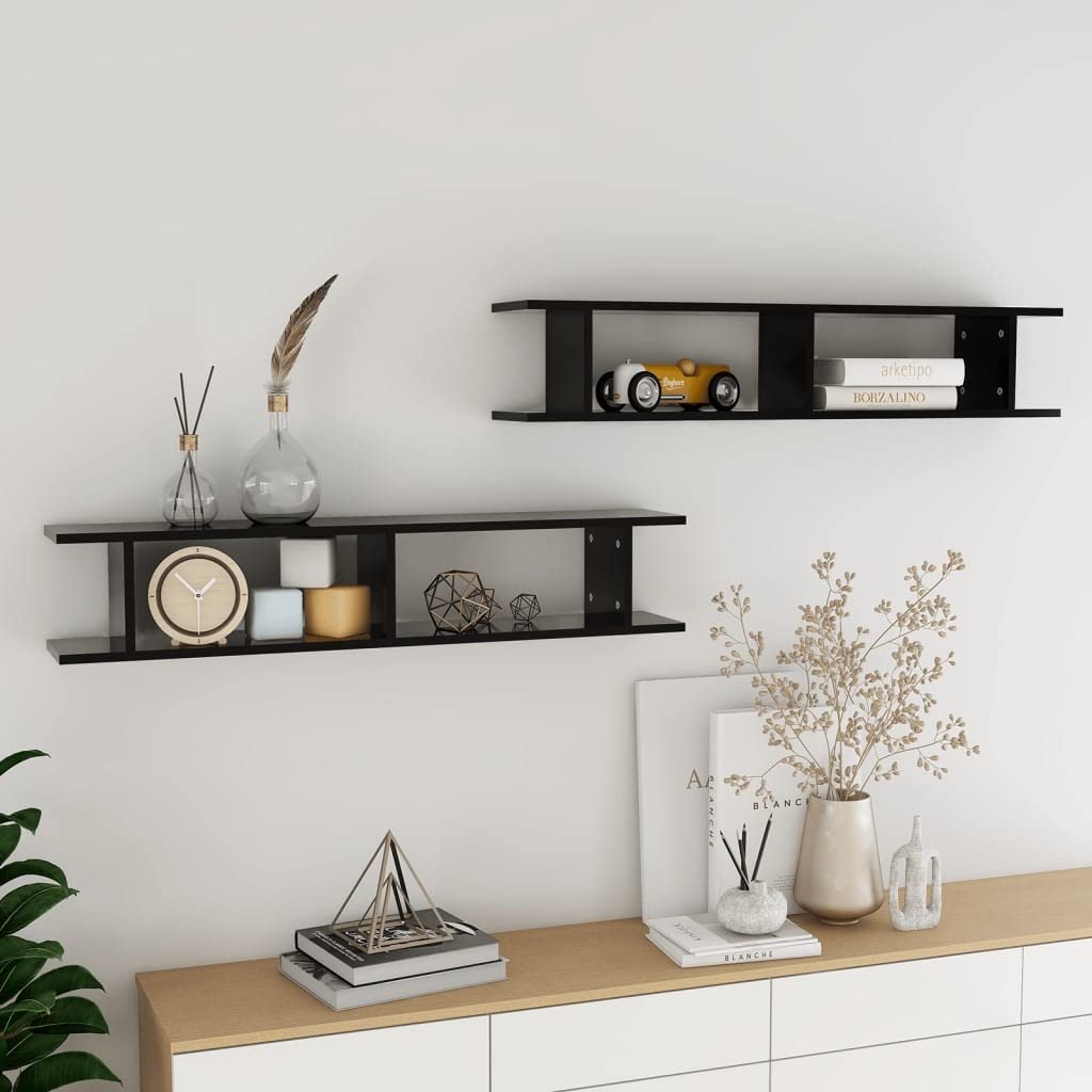 vidaXL Wall Shelves 2 pcs Black 41.3"x7.1"x7.9" Engineered Wood