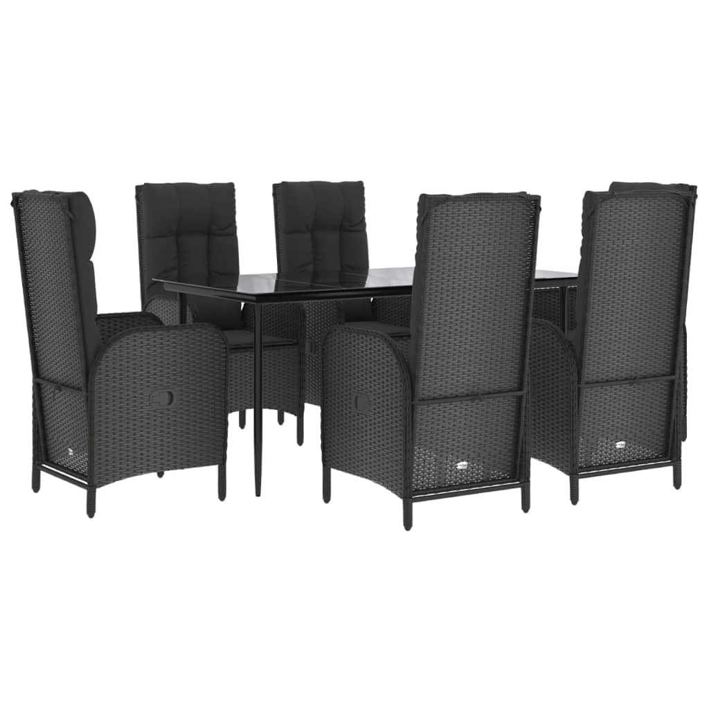 Vidaxl 7-Piece Outdoor Patio Dining Set - Pe Rattan Reclining Chairs, Glass Table With Cushions - Black