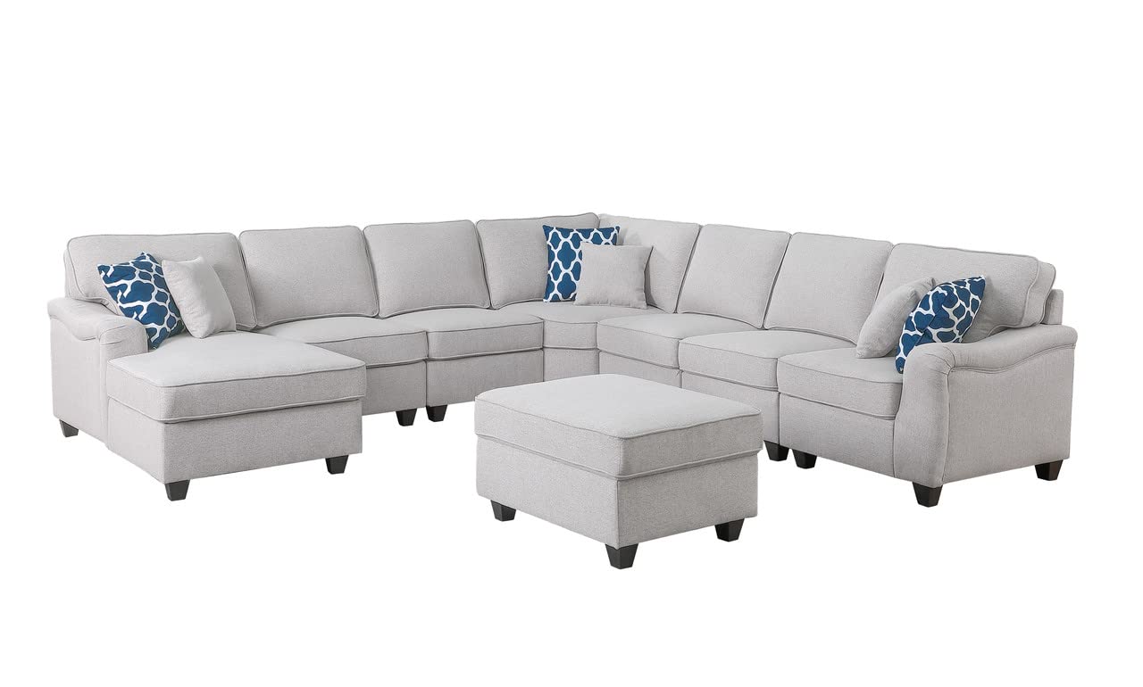 Lilola Home Leo Light Gray Linen 8Pc Modular L-Shape Sectional Sofa Chaise and Ottoman