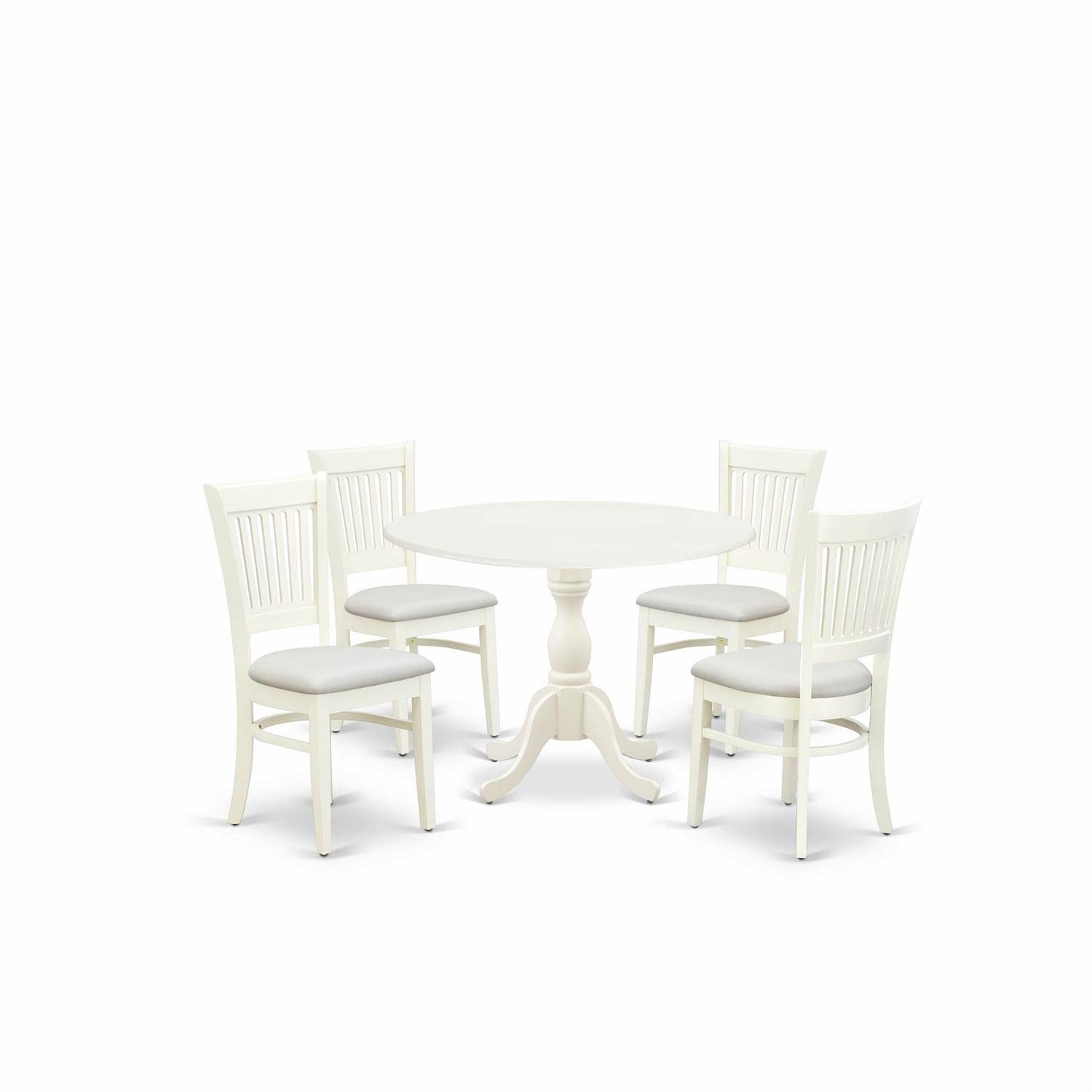 East West Furniture Dmva5-Lwh-C 5 Piece Kitchen Table Set For 4 Includes A Round Dining Room Table With Dropleaf And 4 Linen Fabric Upholstered Dining Chairs, 42X42 Inch, Linen White