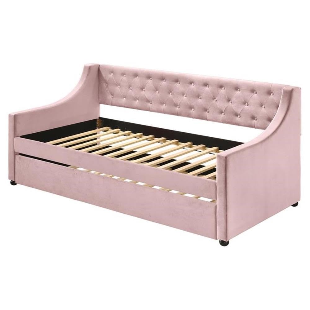 Acme Lianna Button Tufted Velvet Upholstered Twin Daybed and Trundle in Pink