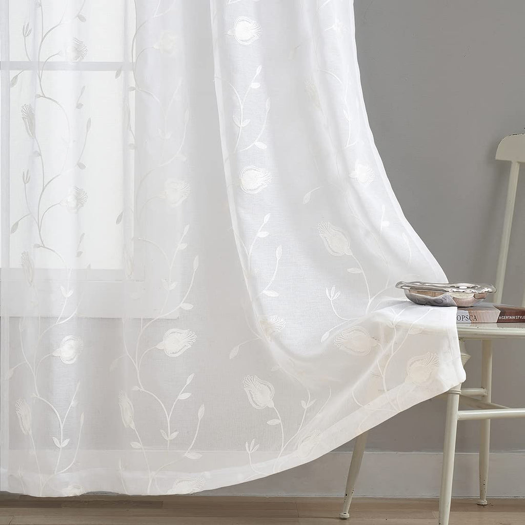 Embroidery White Tulip Sheer Curtains 84 Inches Long, Rod Pocket Sheer Drapes For Living Room, Bedroom, 2 Panels, 52''X 84'', Se