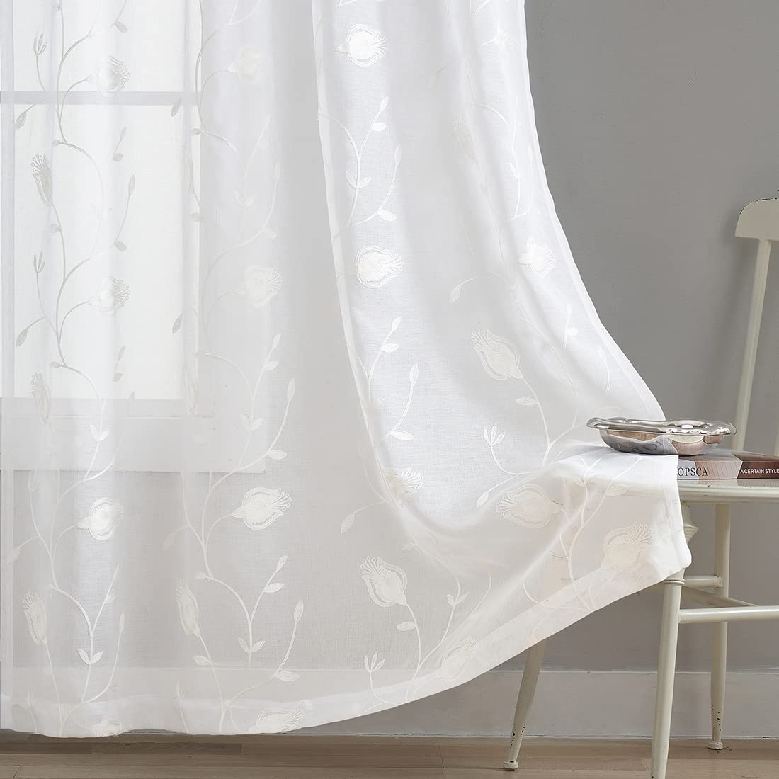 Embroidery White Tulip Sheer Curtains 84 Inches Long, Rod Pocket Sheer Drapes For Living Room, Bedroom, 2 Panels, 52''X 84'', Se