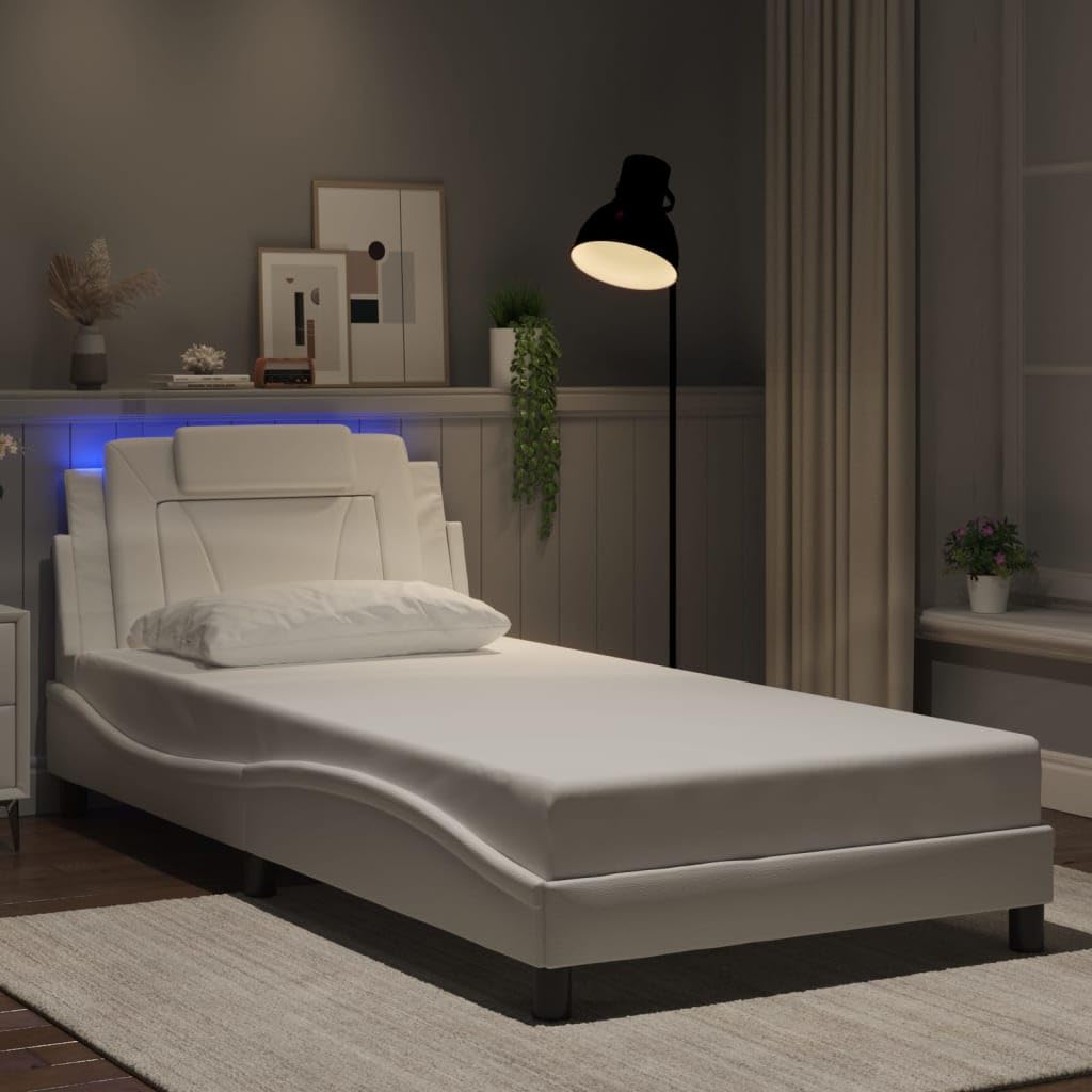 vidaXL Twin Bed Frame with LED Lights – White Faux Leather Single Bed with Plywood Slats & Headboard Cushion – Modern Bedroom Furniture with Ambient USB Lighting