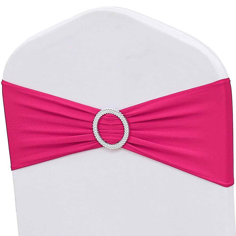 Zsjfmf 50Pcs Spandex Hot Pink Chair Sashes For Wedding Stretch Chair Bands With Buckles Universal Elastic Chair Ties Bows For Pa
