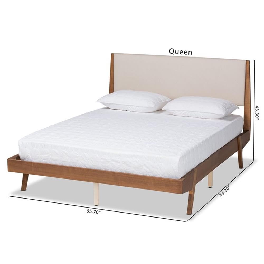 Baxton Studio Senna Mid-Century Modern Beige Fabric Upholstered and Walnut Brown Finished Wood King Size Platform Bed
