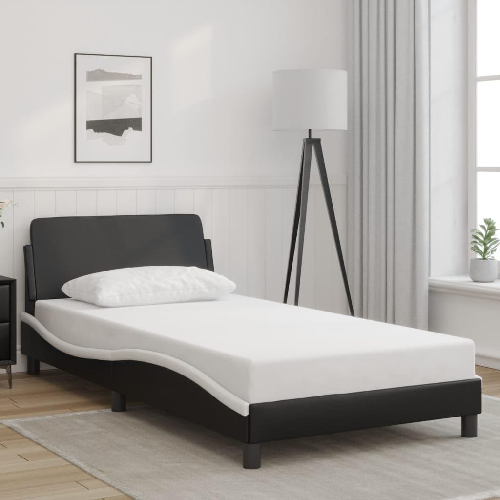 vidaXL Modern Single Bed Frame with Headboard - 39.4&quot;x79.9&quot; Faux Leather Black/White, Metal Support Legs, Plywood Slats