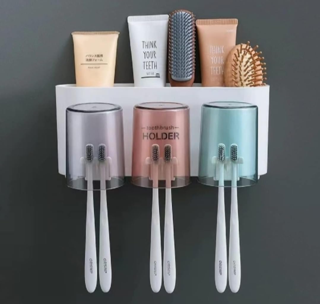 Luxe Jewel Wall Mounted Toothbrush Holder with 3 Cups | SelfAdhesive DrillFree Bathroom Organizer Stand | Toothpaste & Brush S