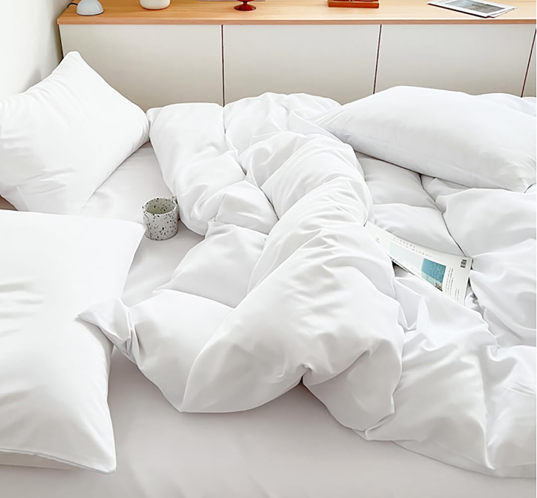 Houseri White Comforter Queen Set Fluffy Plain White Bedding Comforters Queen Size Puffy Lightweight Soft Solid Color Bed Quilts