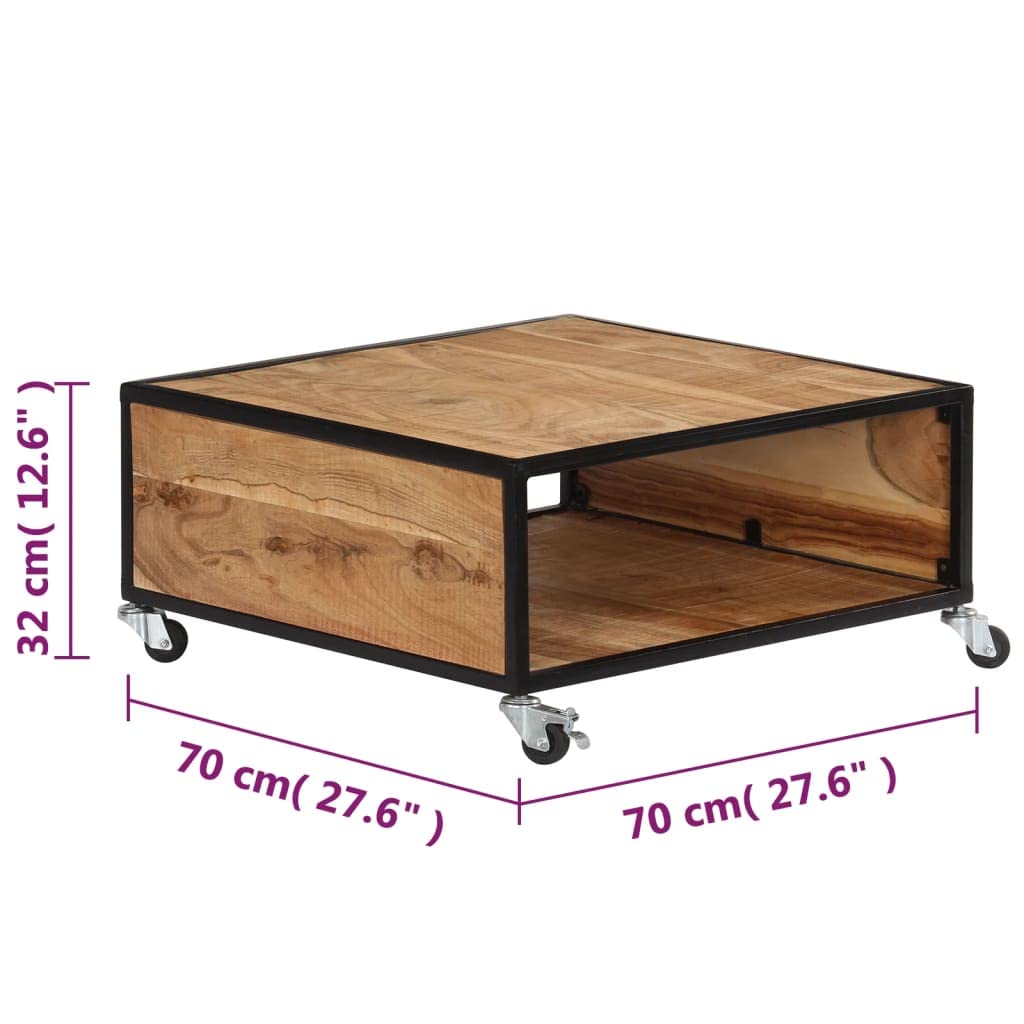 vidaXL Industrial Style Coffee Table, Square Solid Acacia Wood with Compartment, Polished and Lacquered Brown, 27.6"x27.6"x12.6", with 4 Casters