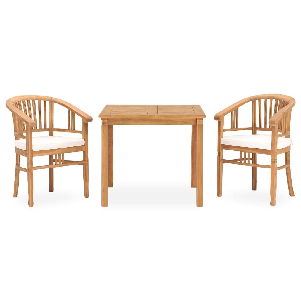 Vidaxl 3-Piece Patio Dining Set With Cushions - Solid Teak Wood, Retro Style, Weather Resistant, Long Lasting, Washable Cushions, Cream-White, Brown