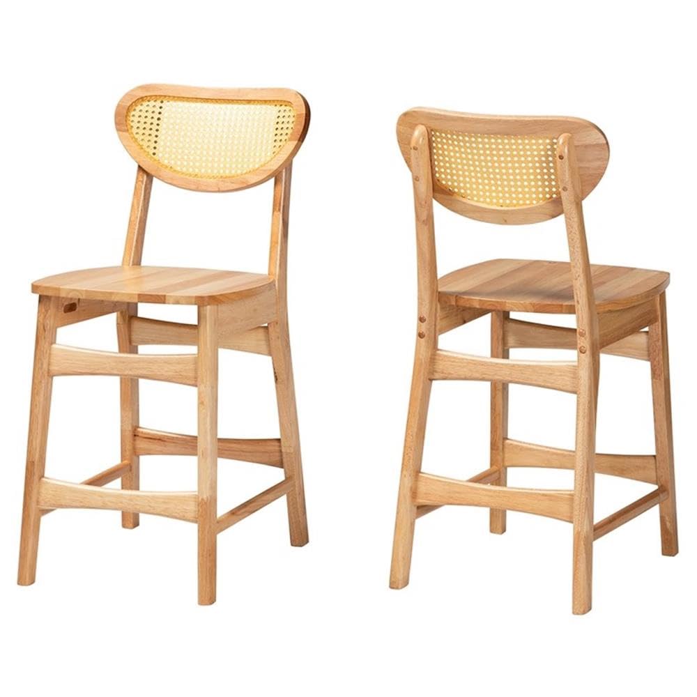 Baxton Studio Nenet Mid-Century Modern Oak Brown Finished Wood And Rattan 2-Piece Counter Stool Set