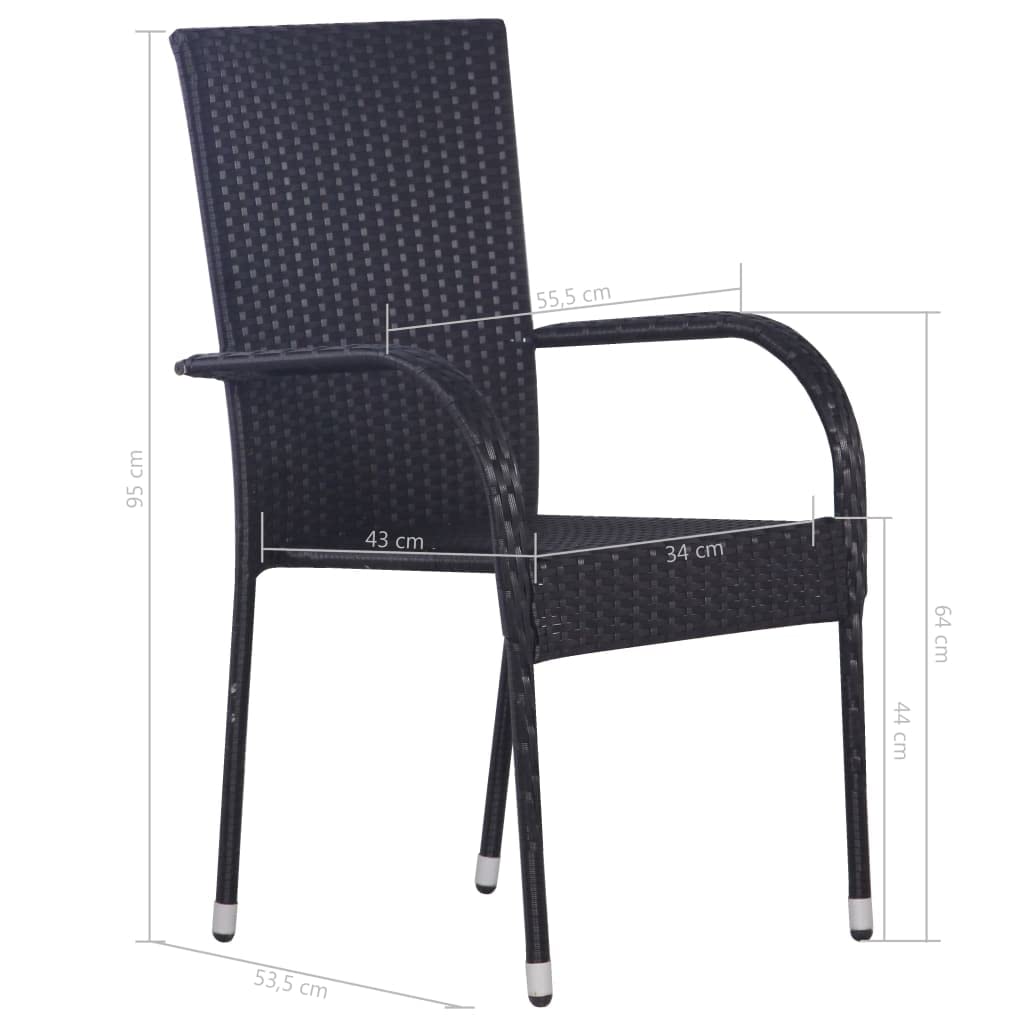 vidaXL Patio Dining Set - Weather-Resistant Black Poly Rattan - Robust Acacia Wood and Steel Table - Stackable Chairs