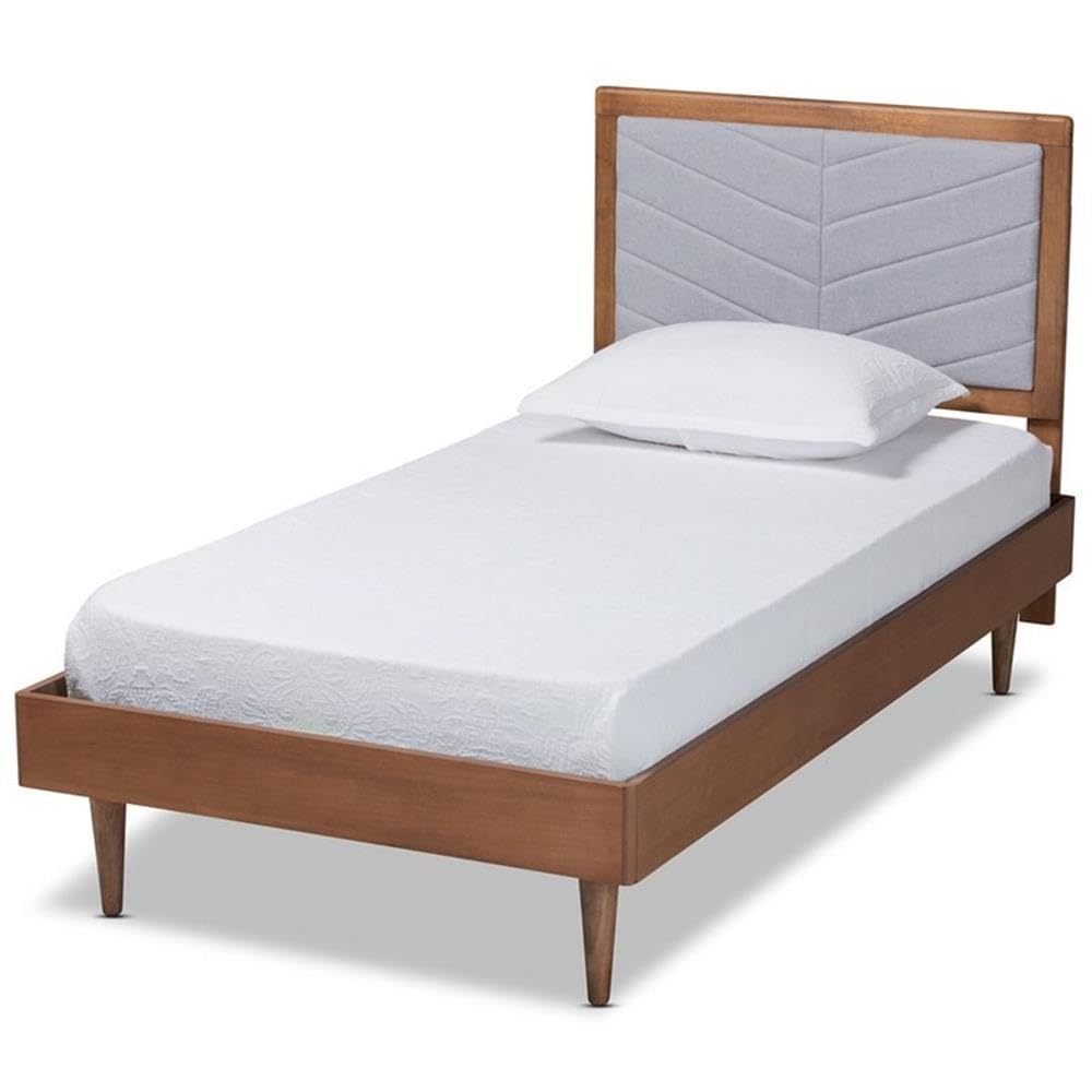 Baxton Studio Tasha Mid-Century Modern Light Grey Fabric Upholstered and Walnut Brown Finished Wood Twin Size Platform Bed