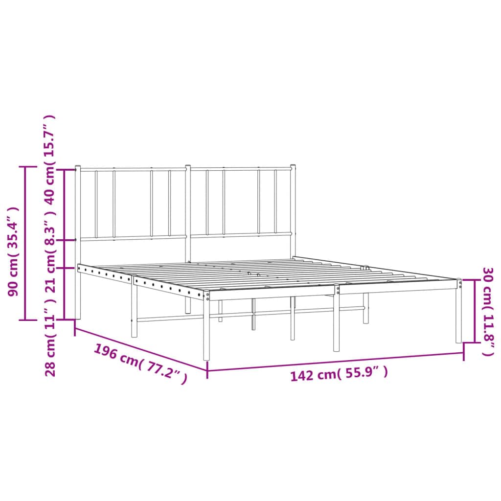 vidaXL Black Metal Double Bed Frame with Headboard - Robust Steel Construction - Supports Mattress Size of 53.9&quot;x74.8&quot; - Offers Extra Under-Bed Storage Space