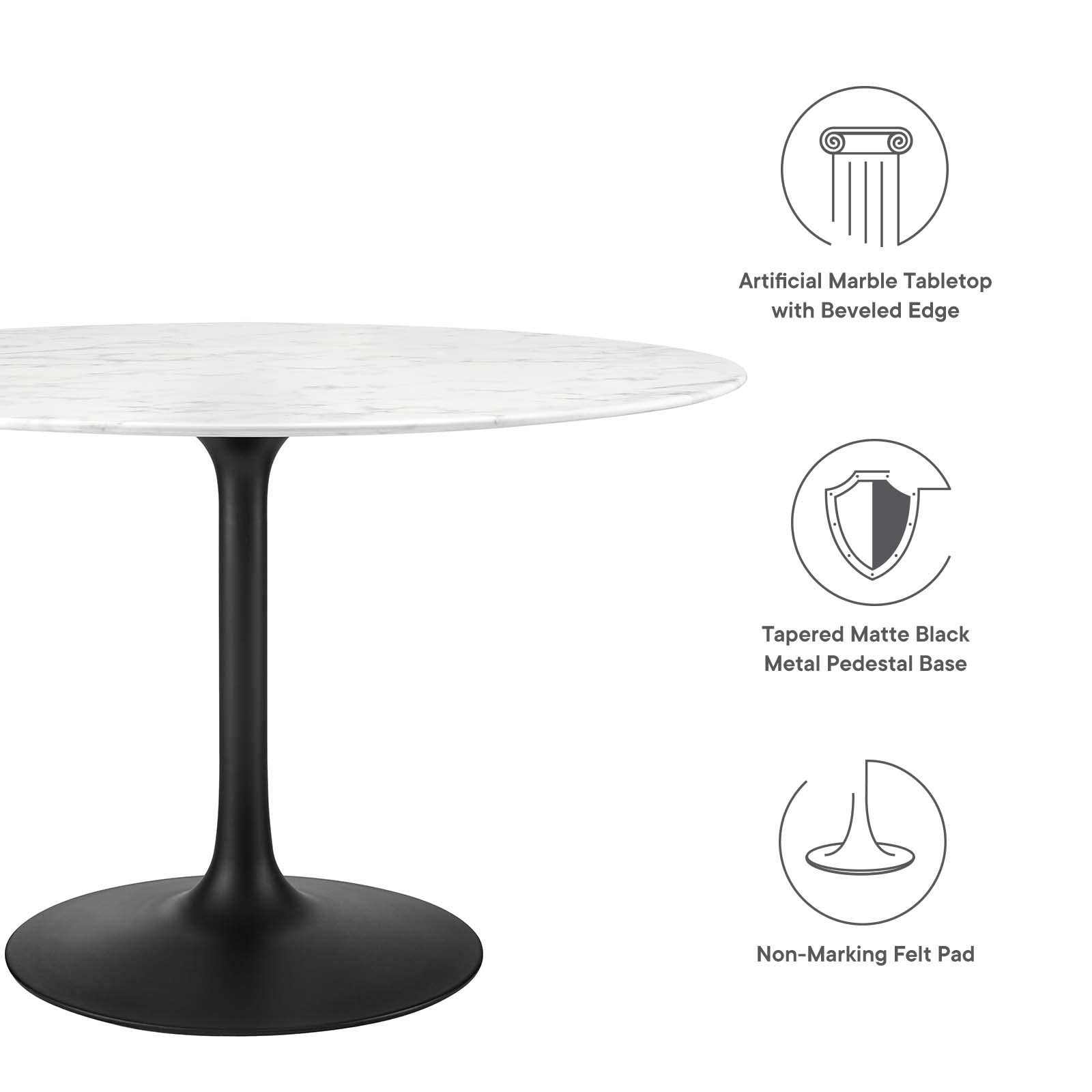 Modway Lippa 47&quot; Round Artificial Marble Dining Table, Top, Black Base