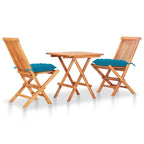 vidaXL Solid Teak Wood 3 Piece Bistro Set Wooden Garden Outdoor Terrance Patio Dining Room Furniture Folding Table & Chair with Light Blue Cushions