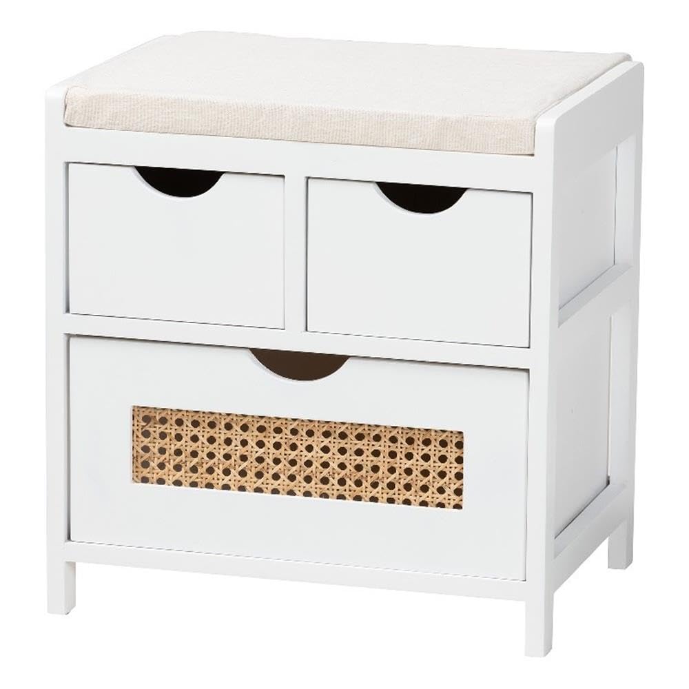 Baxton Studio Bastian Modern and Contemporary Light Beige Fabric and White Finished Wood 3-Drawer Storage Bench with Natural Rattan