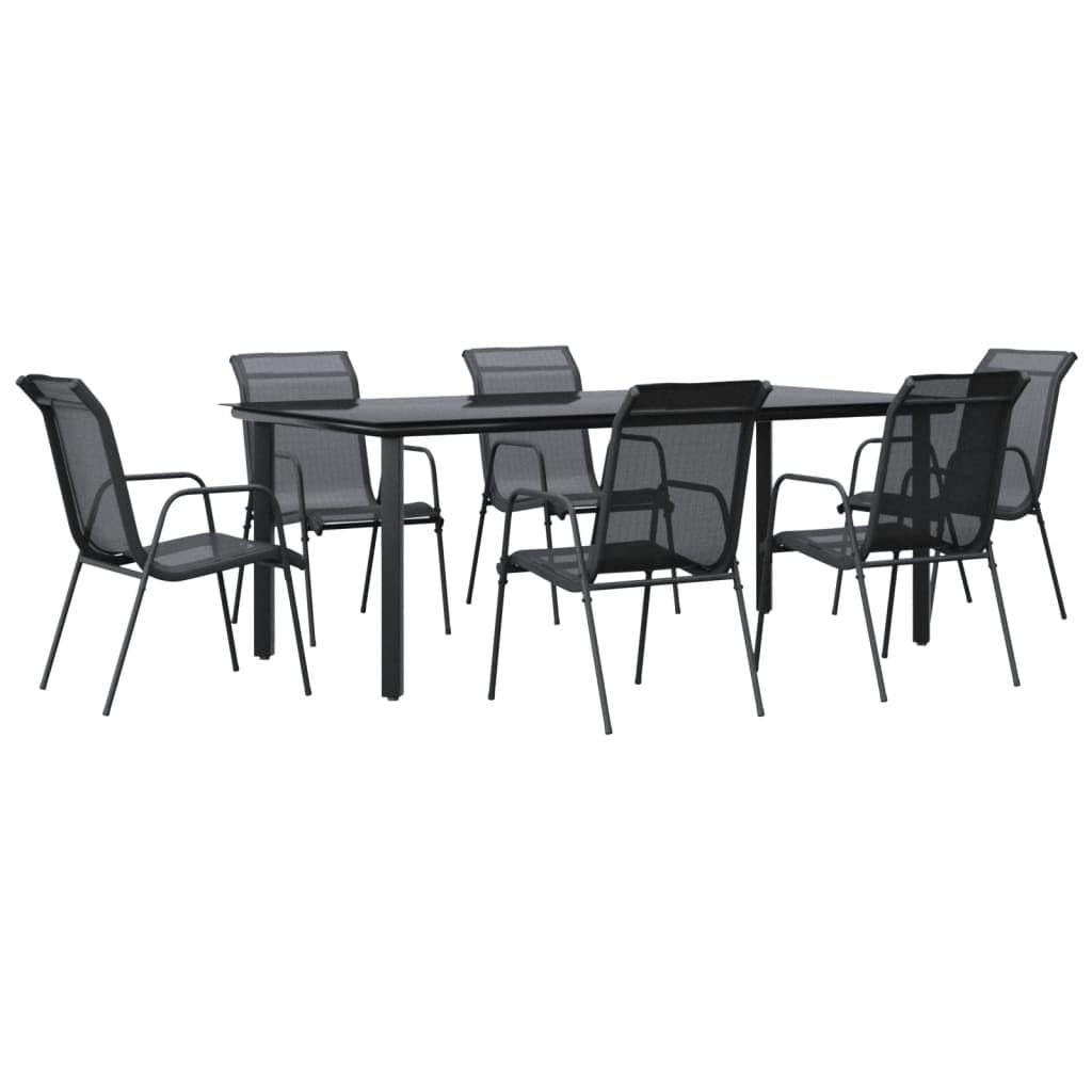 vidaXL 7-Piece Outdoor Dining Set - Elegant Design, Black Steel and Textilene, Powder-Coated Table with Tempered Glass, Suitable for Garden and Patio