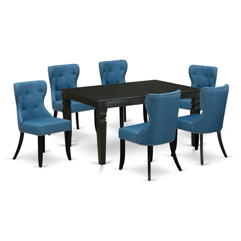 East West Furniture Wesi7-Blk-21 7 Piece Kitchen Table Set Consist Of A Rectangle Dining Table With Butterfly Leaf And 6 Blue Linen Fabric Parson Dining Chairs, 42X60 Inch, Black