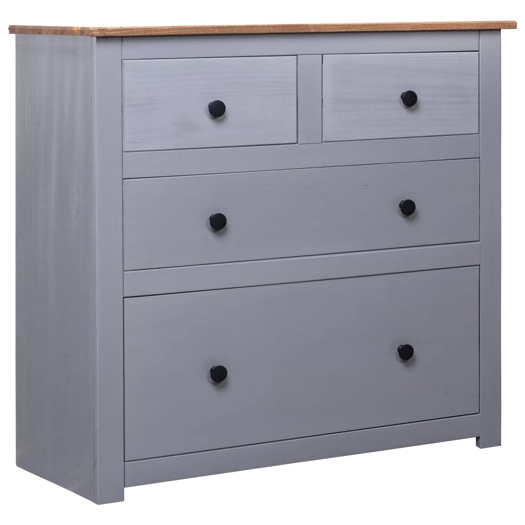 vidaXL Pinewood Sideboard in Gray - Panama Range, 4 Drawer Scandinavian Design, Multi-Functional Storage Cabinet, Polished and Lacquered Finish