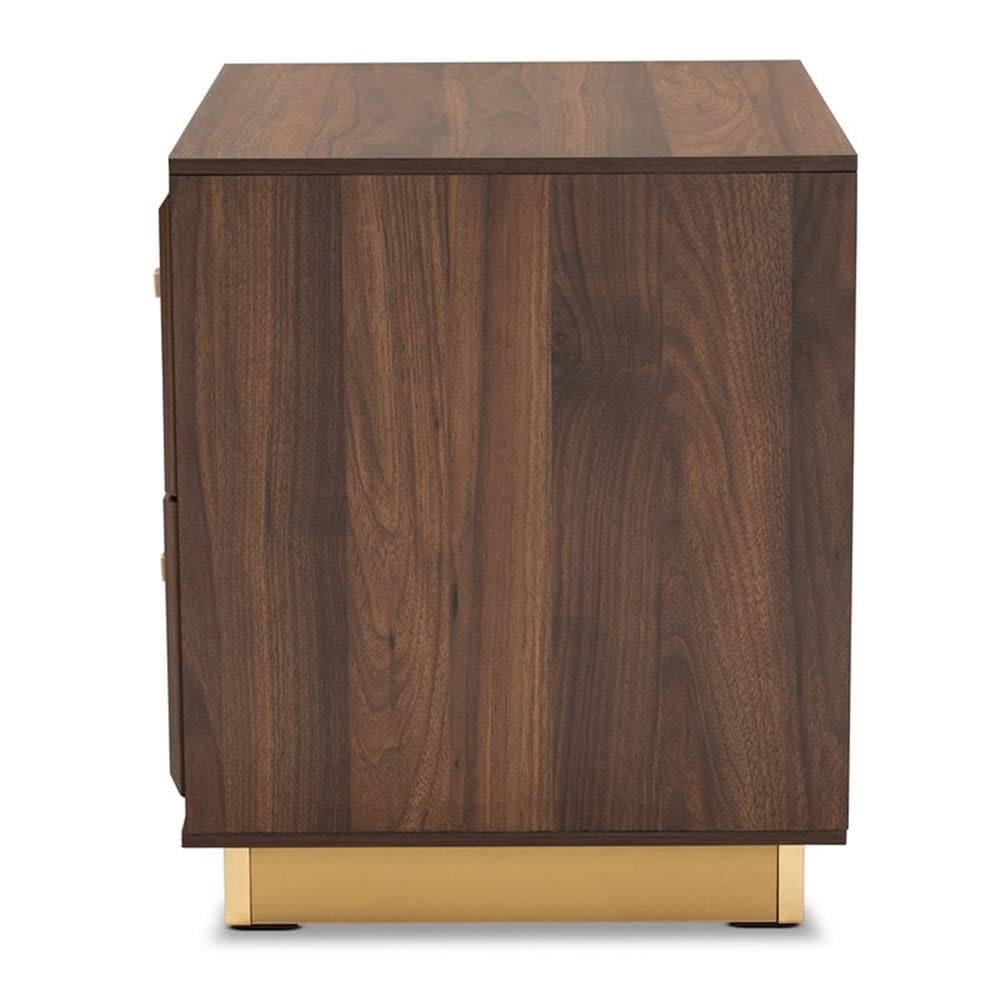 Baxton Studio Cormac Mid-Century Modern Transitional Walnut Brown Finished Wood and Gold Metal 2-Drawer Nightstand