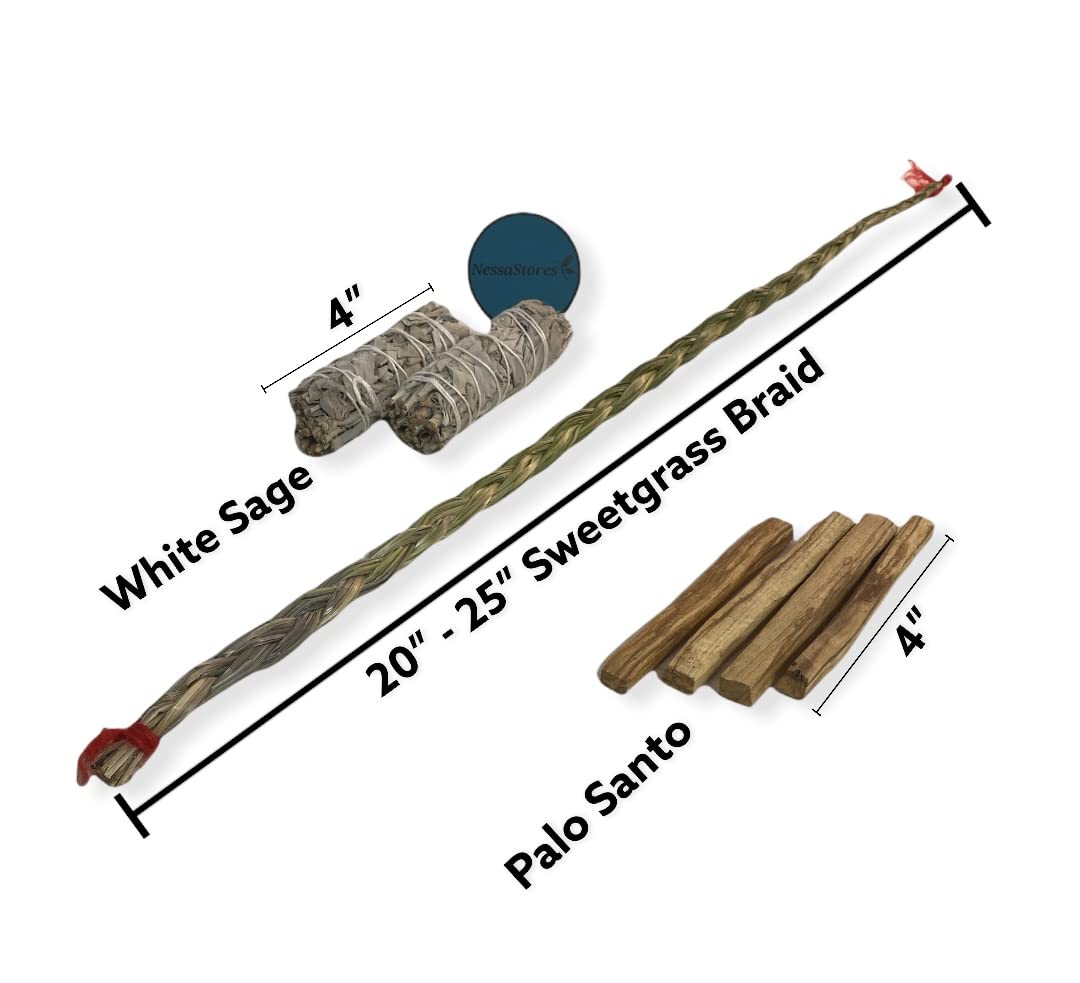 Nessastores - Sweetgrass Braid Smudge Kit + White Sage + Peruvian Palo Santo #Jc-222 (1 Kit)