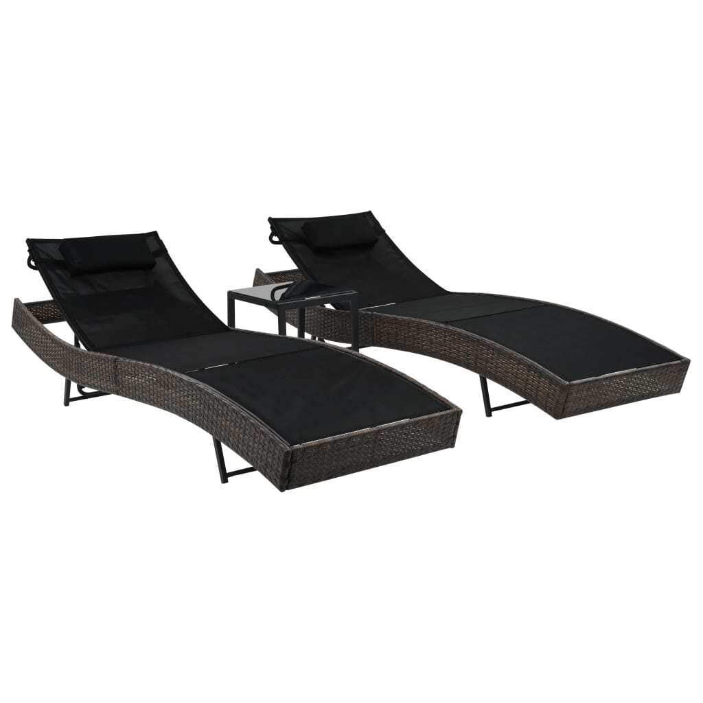 vidaXL Patio Lounge Chairs 2 Pcs, Outdoor Chaise Lounge Chairs with Adjustable Backrest, Sunloungers with Table, Sunbeds, Brown Poly Rattan