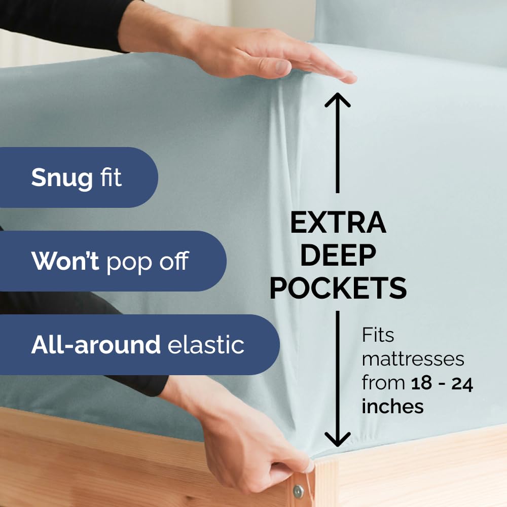 Extra Deep Pocket Full Sheets - 4 Piece Breathable & Cooling Bed Sheets - Hotel Luxury Bed Sheet Set - Soft, Wrinkle Free & Comfy - Easily Fits Extra Deep Mattresses - Deep Pocket Ice Blue Sheets Set