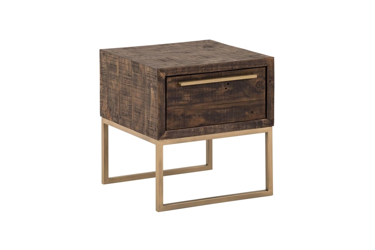 HomeRoots 524168 20 x 18 x 18 in. Antiqued Brass & Brown Reclaimed Wood End Table with Drawers
