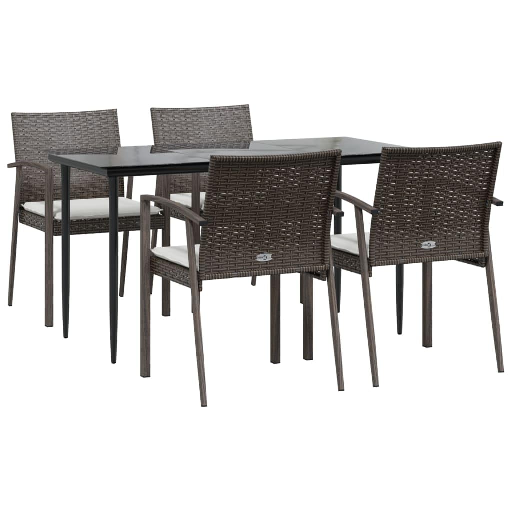 vidaXL Modern 5-Piece Patio Dining Set with Cushions, Poly Rattan and Steel for Garden or Patio, Weather-Resistant, Comfortable Seating with Armrests, Tempered Glass Tabletop