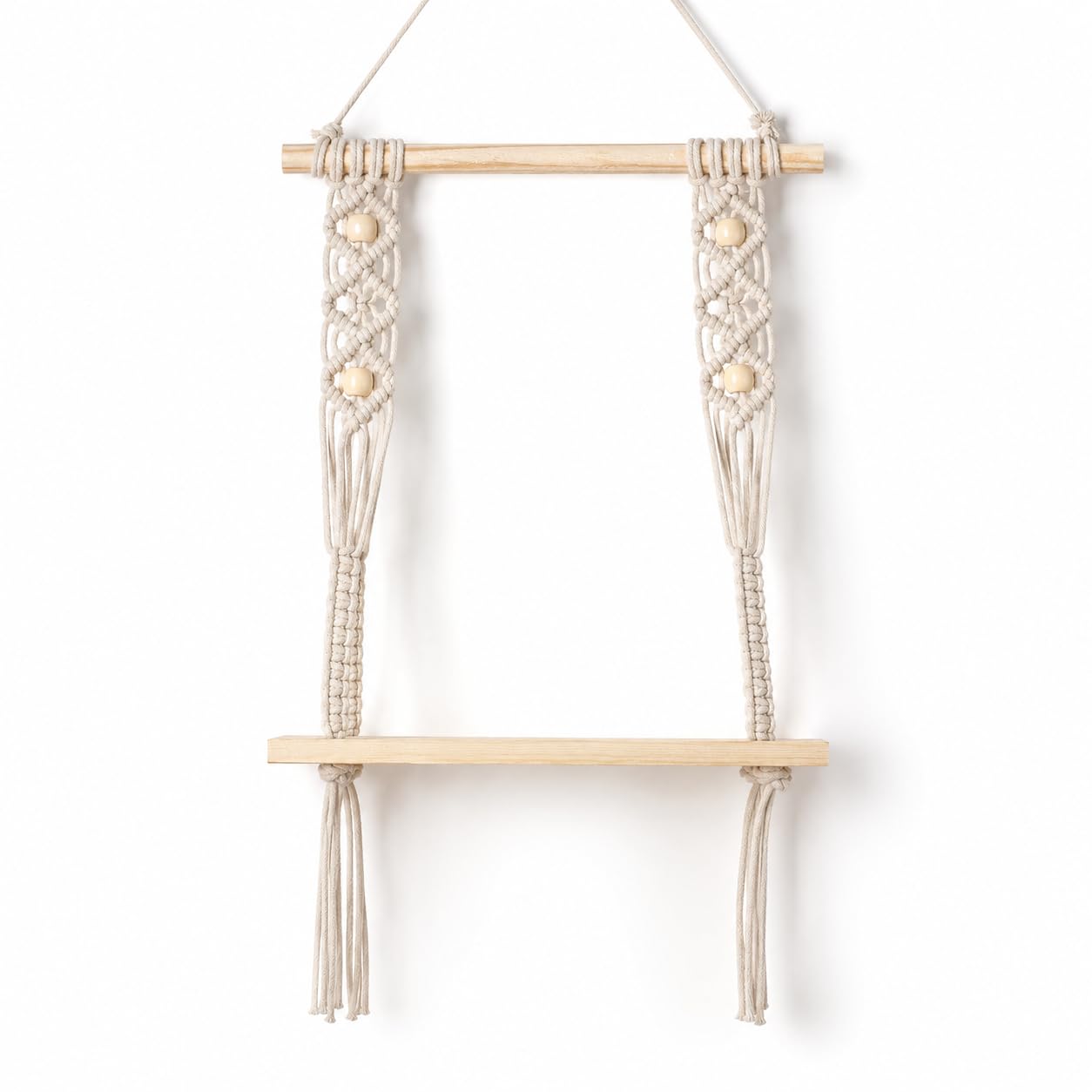 Zawi Macrame Wall Hanging Shelf With Wooden Dowel, Wood Floating Shelf For Plants & Decor, Handwoven Boho Wall Shelf For Living 