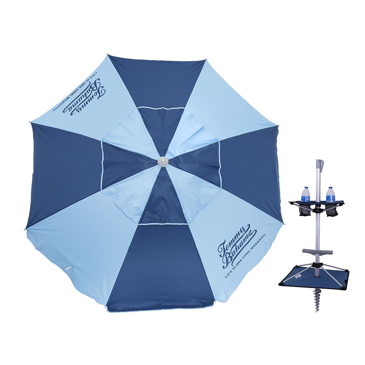 Tommy Bahama 7 Ft Fiberglass Beach Umbrella For Sand With Integrated Anchor, Integrated Table, Telescopic Aluminum Pole, Upf 50+